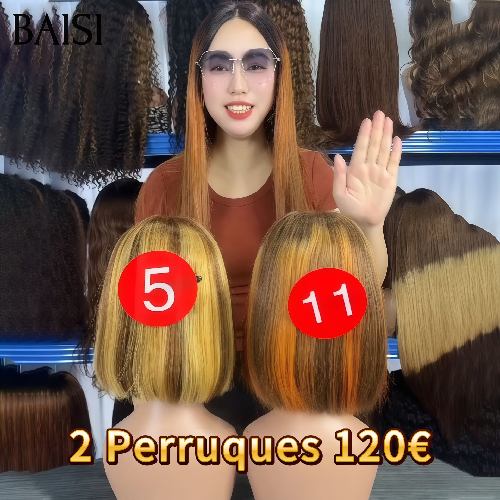 BAISI PROMO 2 Perruques 120€ 2x6 lace closure Lisse bob mixte miel et mixte orange Moitié Prix e en 100% cheveux humains
