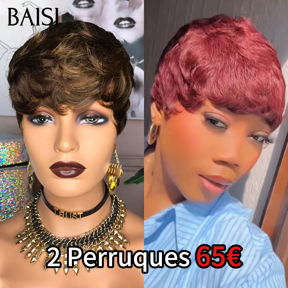 BAISI 2 Perruques Vente en gros 65€ pixie finger wave en couleur marron et Bordeaux sans Colle Fabriqué à la Machine 100% vrais cheveux humains