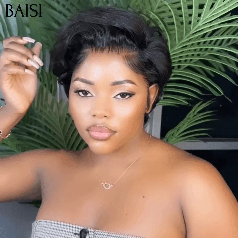 BAISI Offre Flash 13x4 Perruque Pixie boucles en Noir Moitié Prix 50€ 200% densité Orange Pixie Coupe Pré-plucked 100% Cheveux Humains MP50