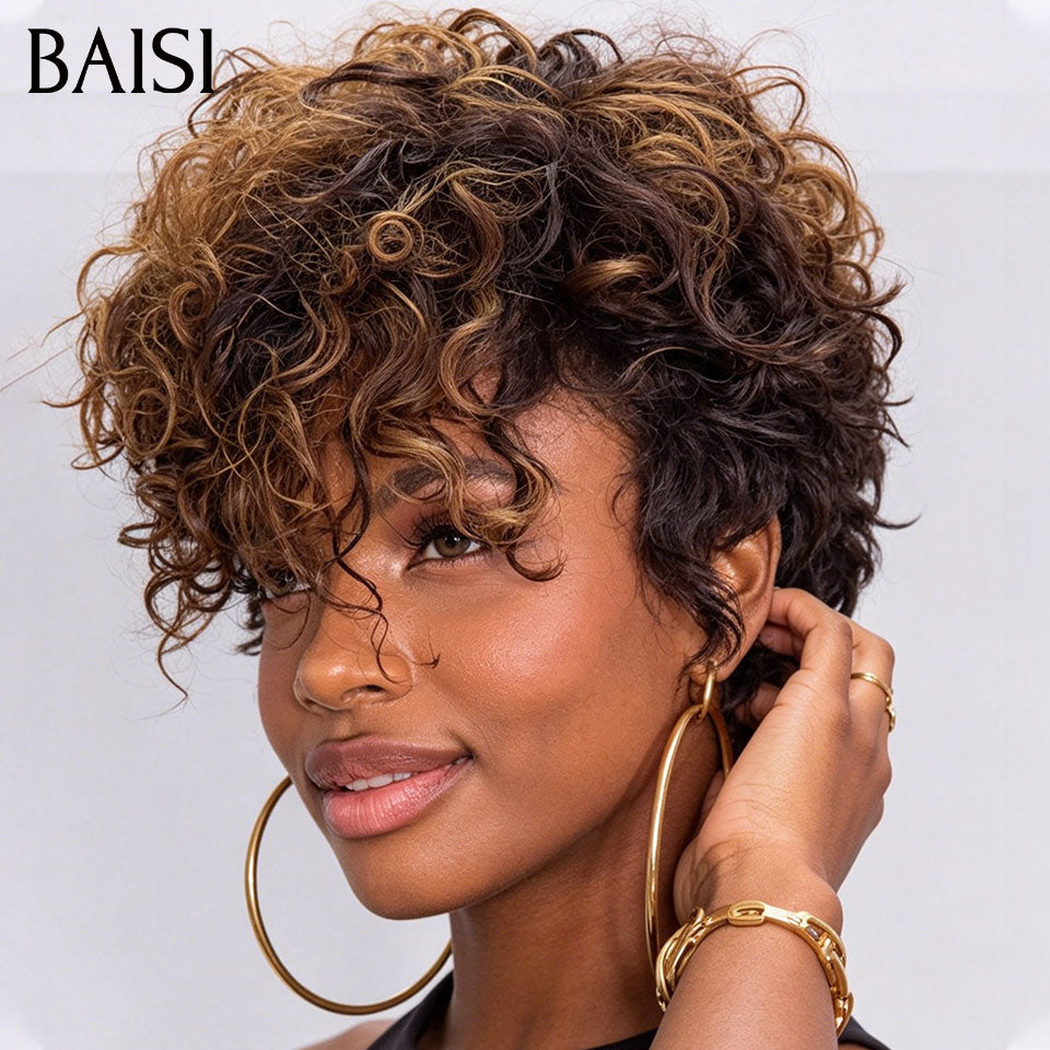 BAISI Perruque Frisée Curly 79€ Seulement Sans Colle Sans Lace Coupe En Frange Osante Couleur Noir et Marron 1B27# en 100% Cheveux Humains