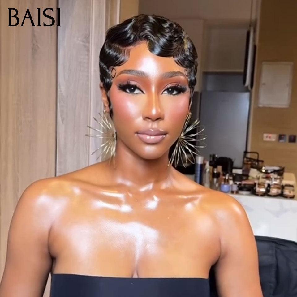 BAISI 13X4 lace Perruque Pixie finger wave en Couleur NOIR 65€ En 100% Cheveux Humains