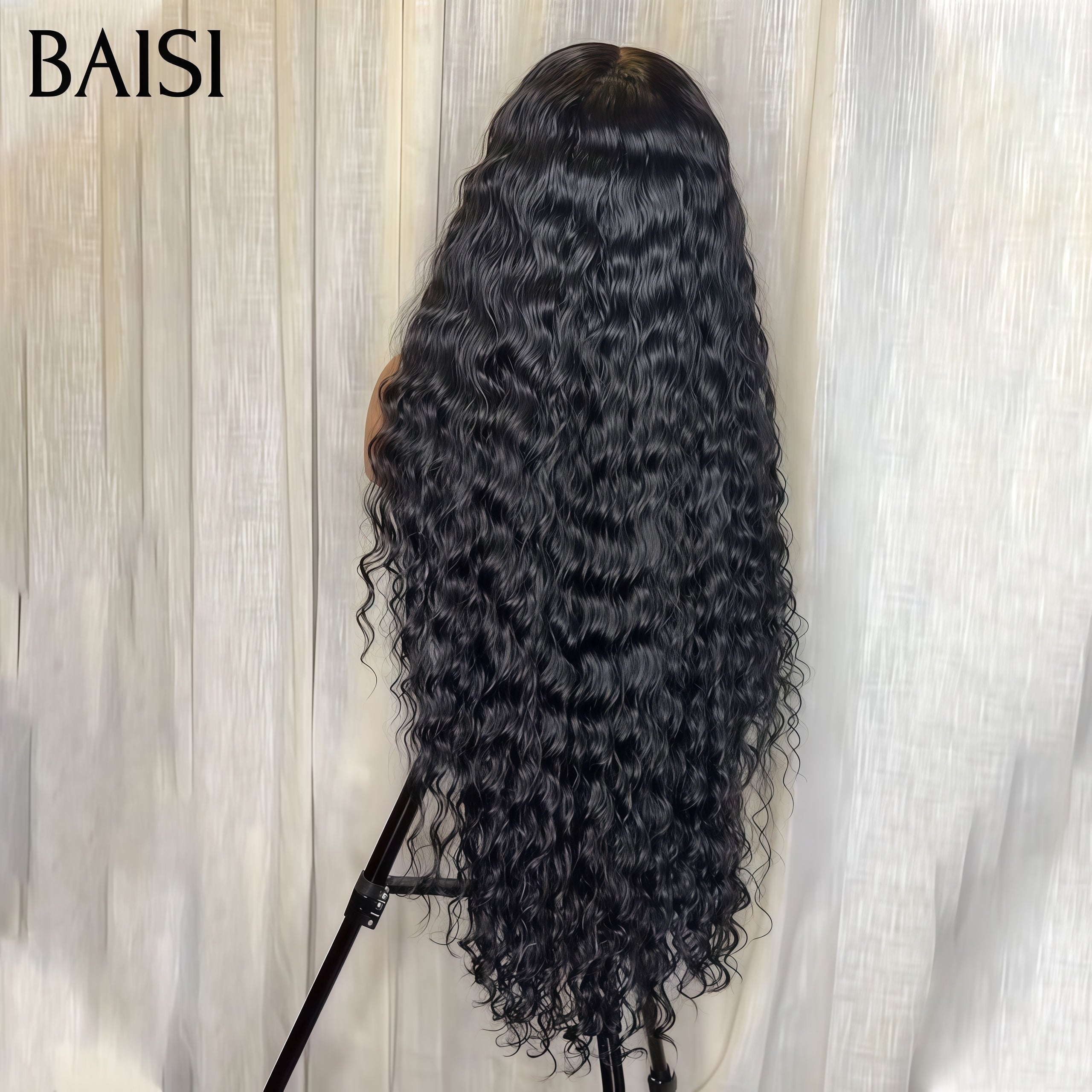 BAISI 13X4 HD lace frontal 100% Raw Hair Perruque Longue Promo 99€ Water wave en NOIR Invisible et respirante Sans Colle en 100% vrais cheveux humains