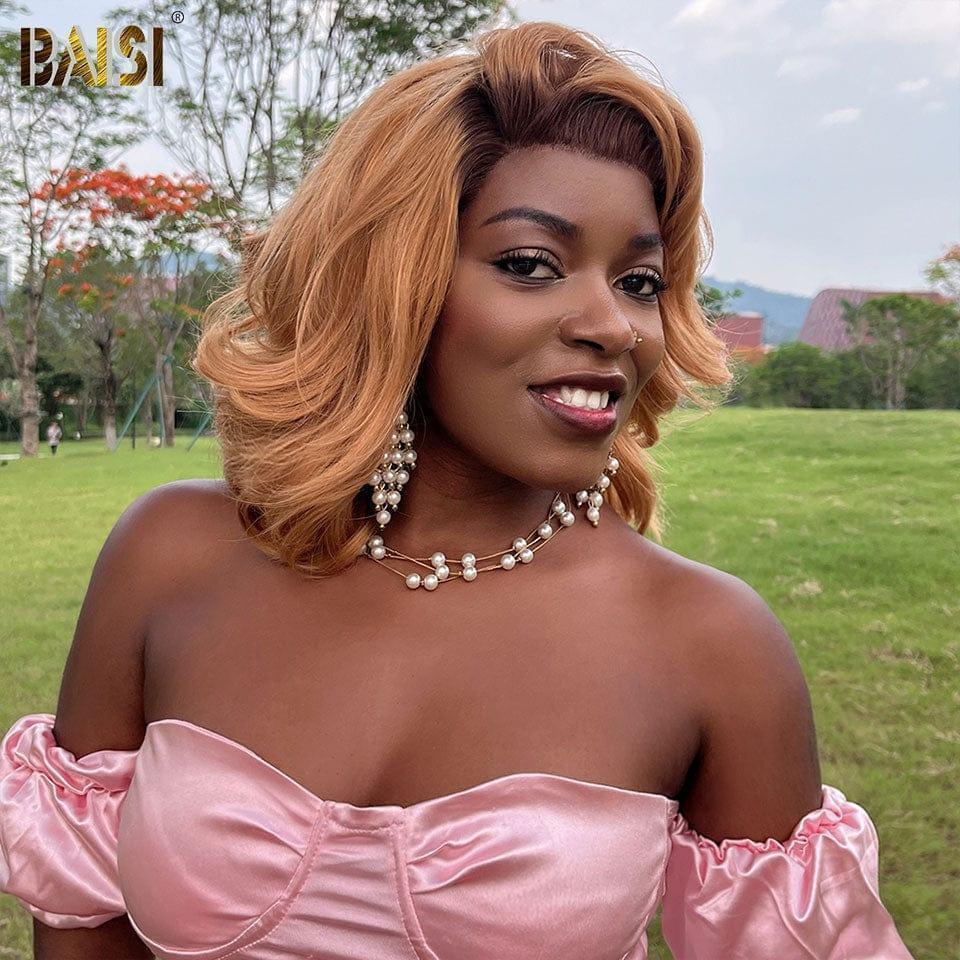 BAISI 13x4 Frontalperücke mit großen Locken 12 Zoll in Honigfarbe mit braunem Ansatz 4T27# 149 € in 100 % echtem Menschenhaar BS120