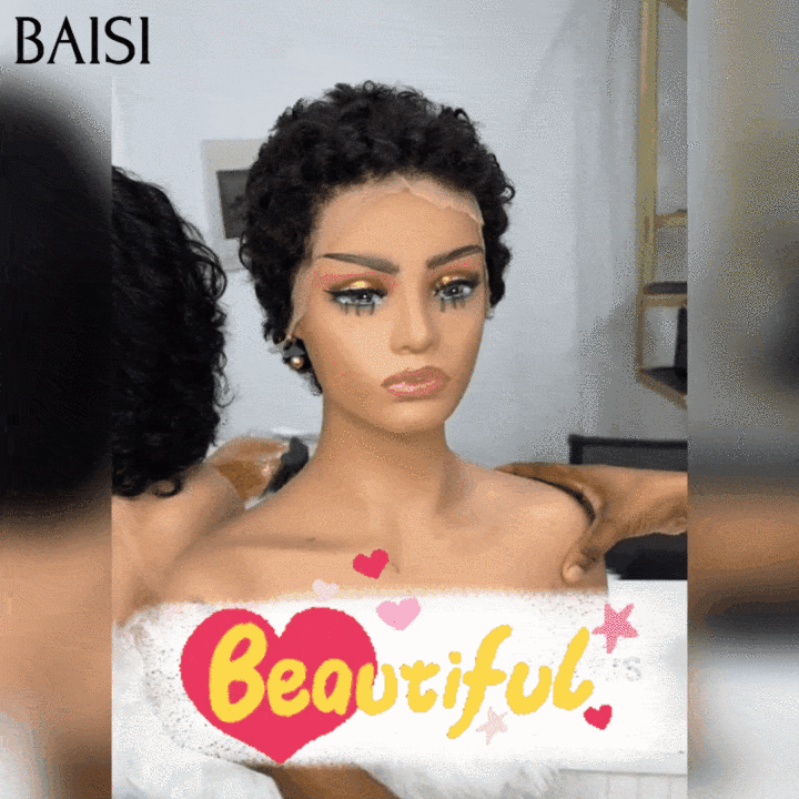 BAISI Flash Offer €55 13X4 Lace Frontal Pixie Wave Wig In Black Color in 100% Human Hair #996