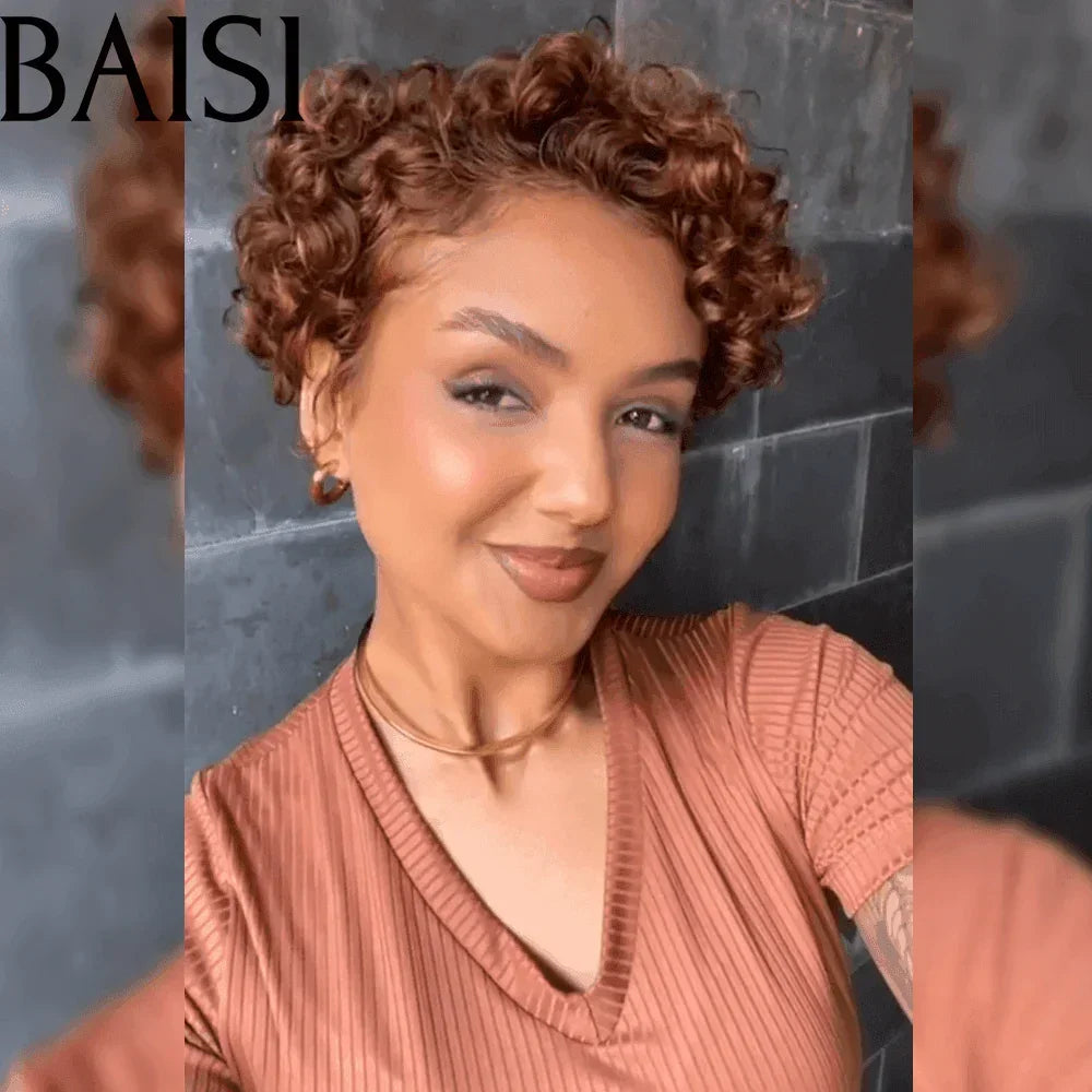BAISI Perruque Ondulée Coupe Pixie 13X4 Frontal Perruque personnalisée curly en Couleur Marron 58€ en 100% cheveux humains FR20