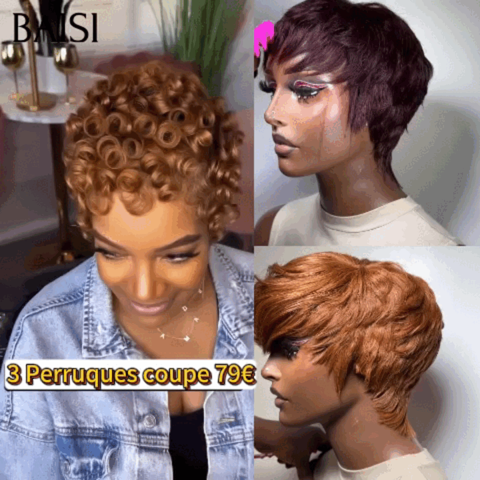 BAISI 3 Perruques coupe 79€ pixie sans colle sans lace en france ou 4 Perruques en France 595€ Réduction avec code promo en 100% vrais cheveux humains, code: VIP400