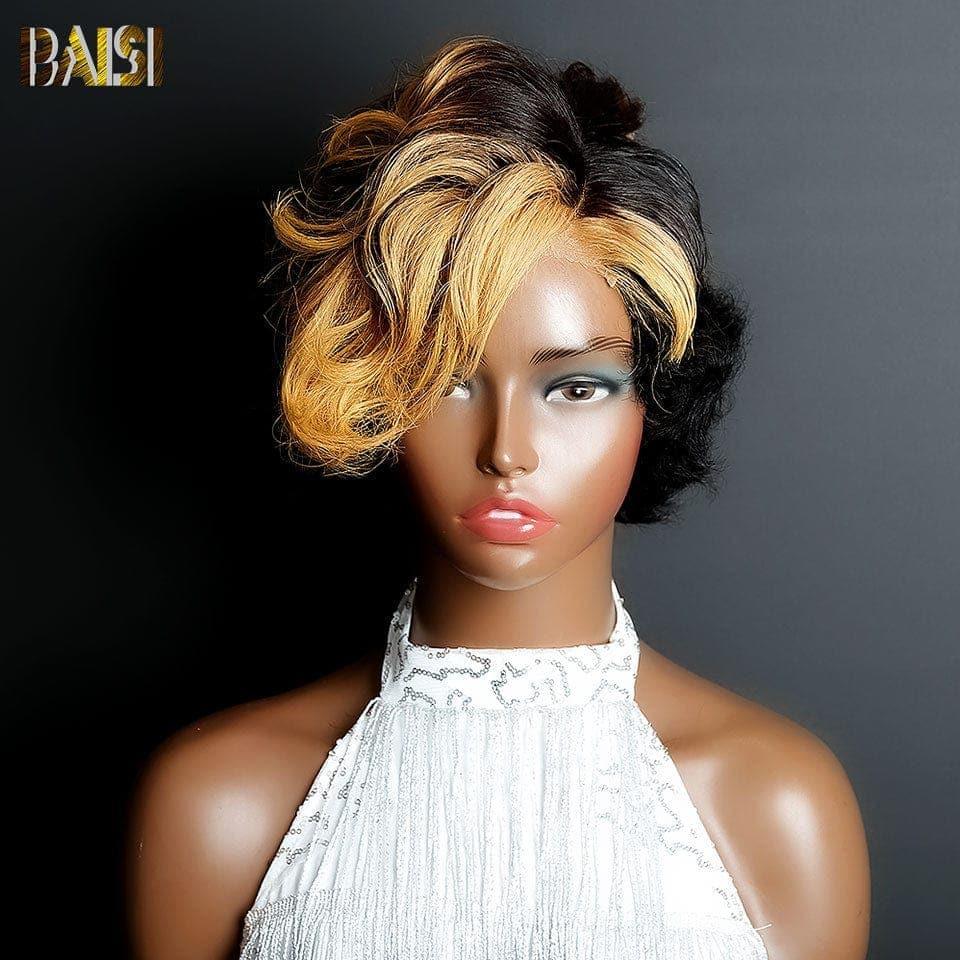 BAISI Perruque pixie Vague 5X5  En Couleur Noir et Miel 99€ en 100% Cheveux Humains