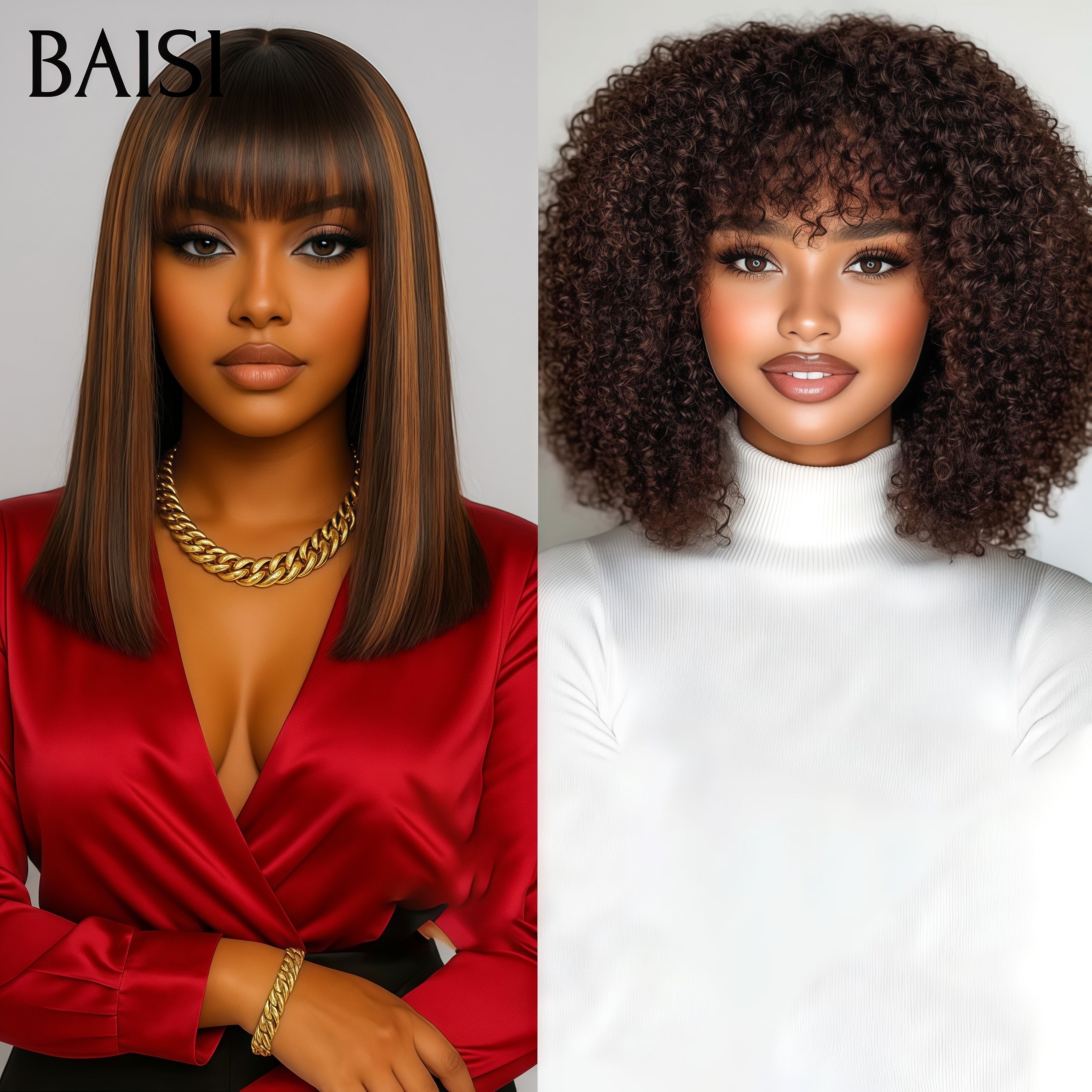 BAISI PROMO 2 Perruques 129€ Lisse BOB avec Frange Mixte Miel et curly wave avec Frange Marron en 100% cheveux humains