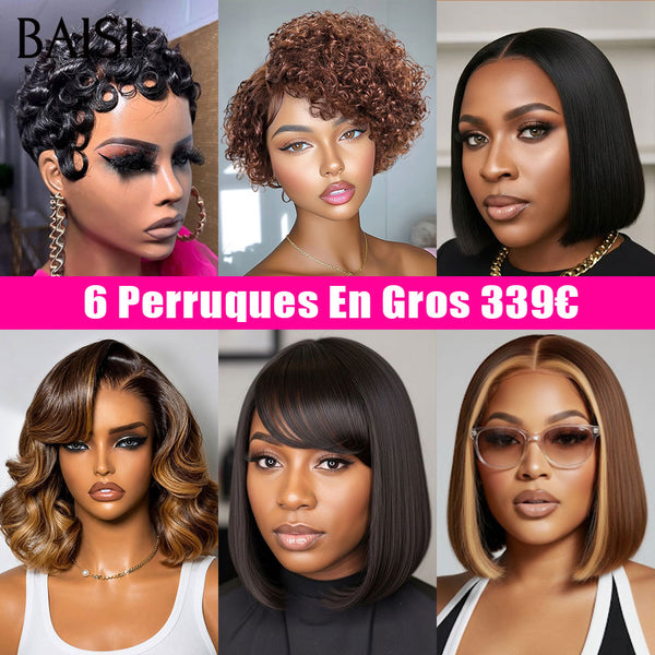 BAISI 6 perruques en gros 339€ ( qualité+quantité ) ou 6 Perruques 4X4 noir 24 pouce pour revendre 799€ en 100% vrais cheveux humains