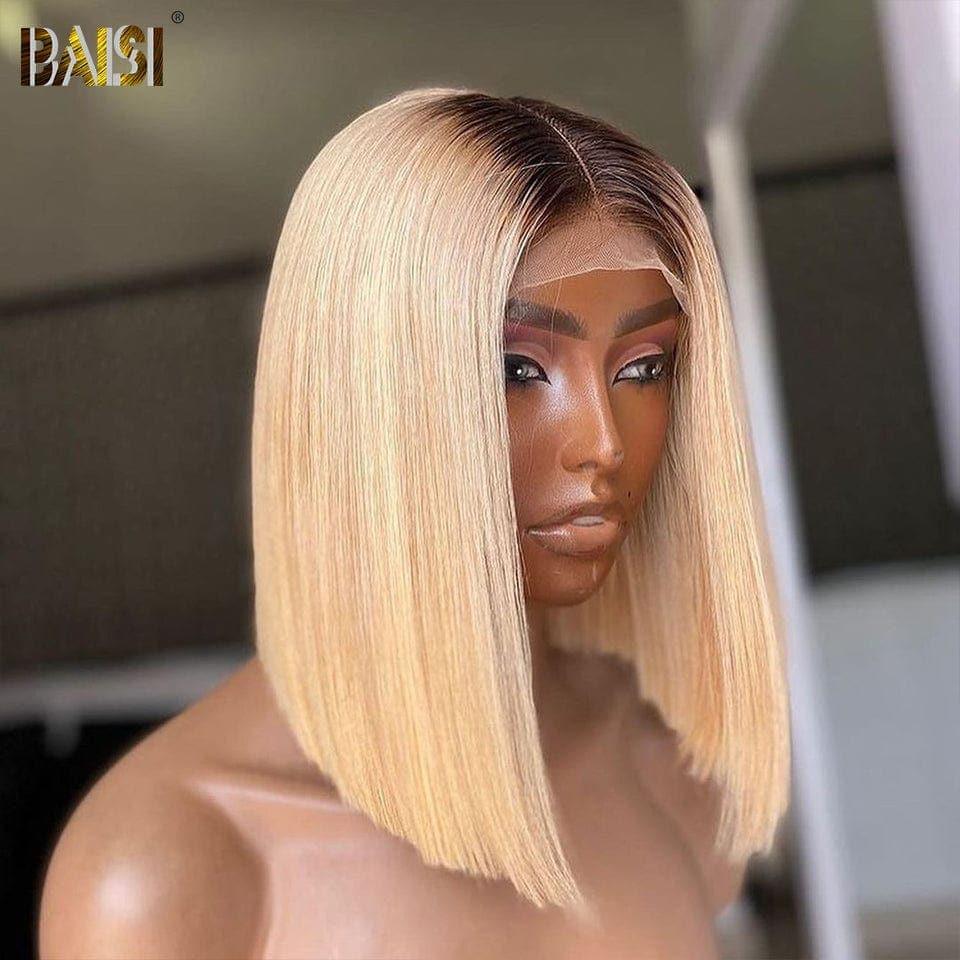 BAISI Achetez 2 perruques minimum au prix d'usine fournisseur 13x4 Frontal Perruque Bob Lisse En Noir Blonde 1B#613 Coupe Carrée En 100% Vrais Cheveux Humains(Pas Besoins De Code)