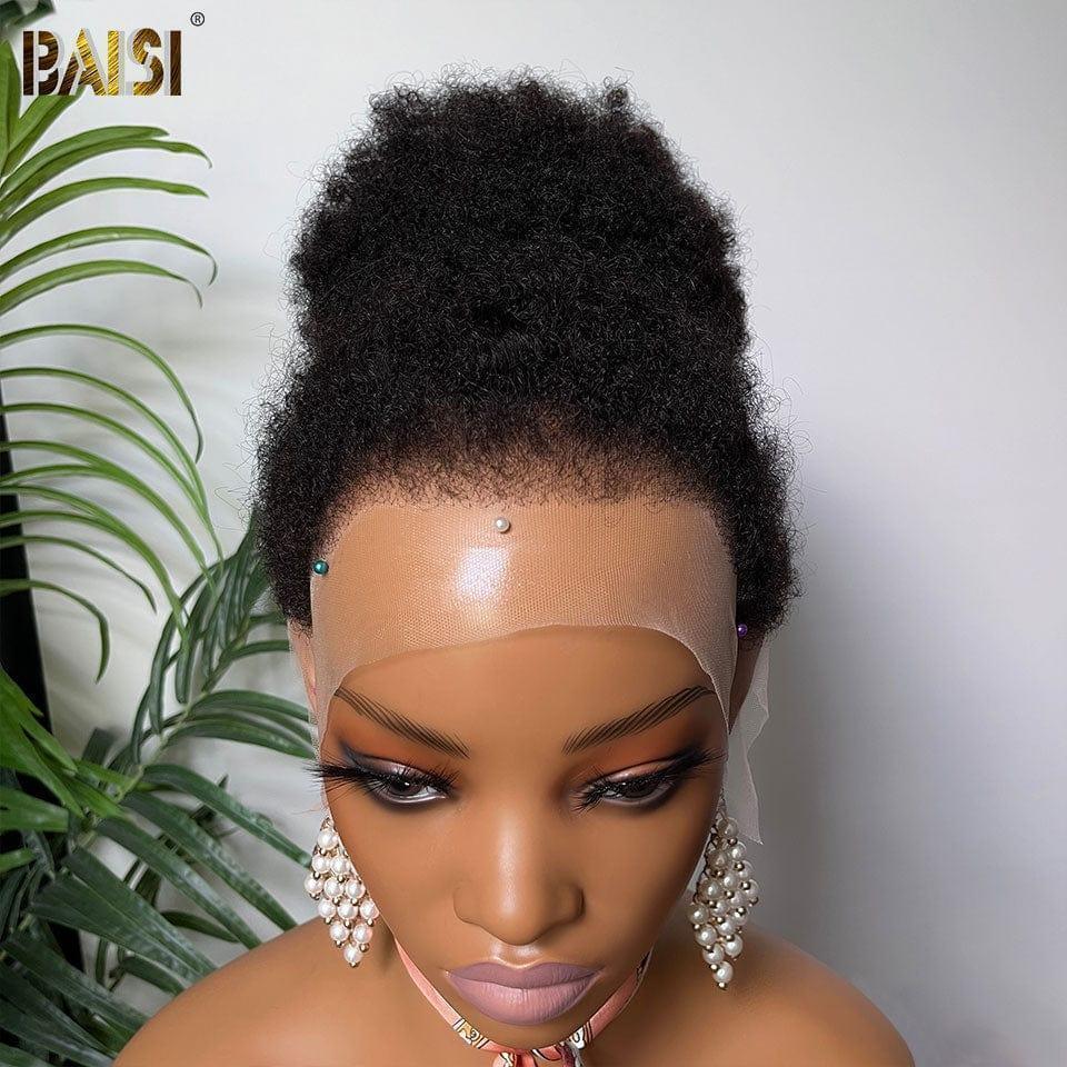 Peruca BAISI com renda 13X6 coque afro encaracolado 18 polegadas pré-arrancado linha fina 4C 100% cabelo cru