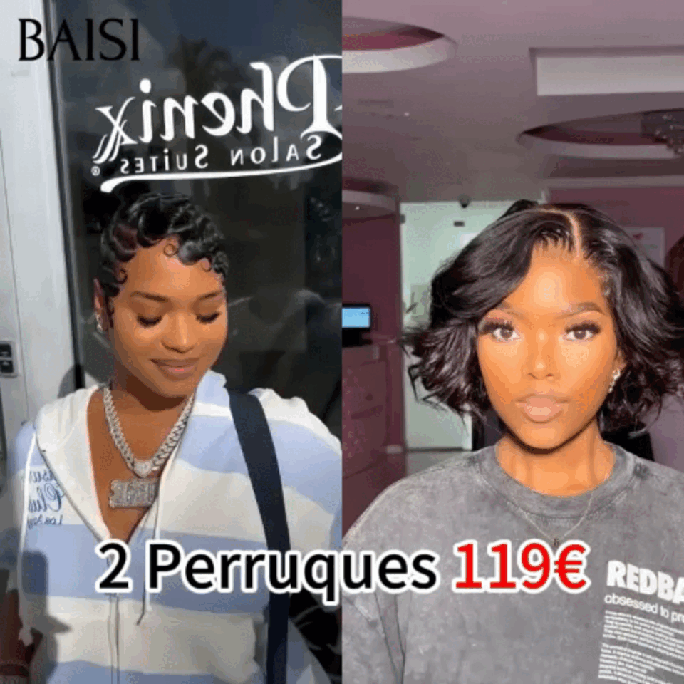 BAISI 2 Perruques bob 96€ 13X4 lace bob Perruque 1BT4# 8 pouces + pixie 9188 ou 119€ 4x4 lace body wave 10pouces +pixie water wave 6 pouces en 100% vrais cheveux humains