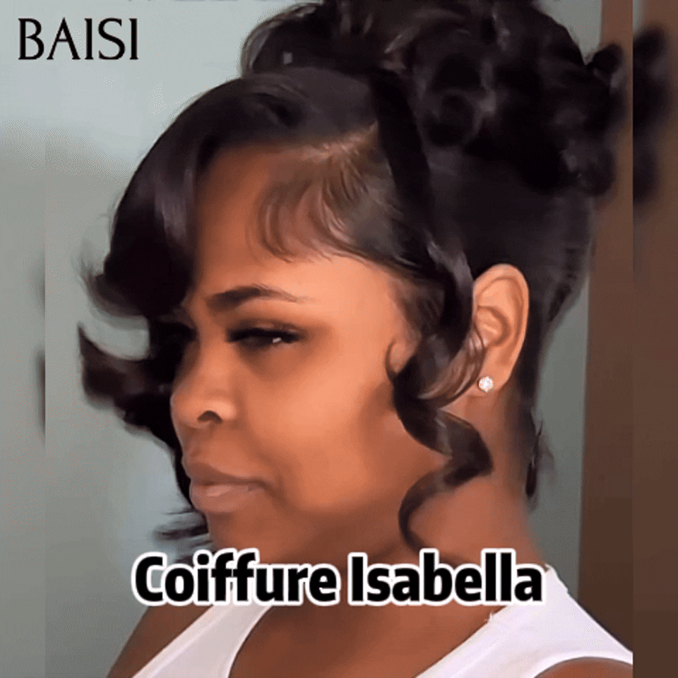 BAISI Coiffure de luxe Isabella Perruques Mariage noir Prête à porter chignon et personalisation comme sur la vidéo 100% identique avec lace frontale événement spécial en couleur NOIR BS120