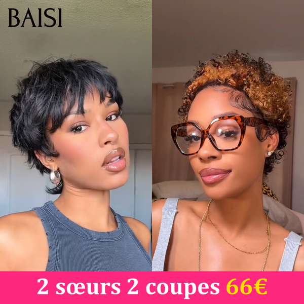BAISI Lot 2 perruques Pixie Courte Lisse noir 1B# + Curly Marron Clair 1B/33# Petit Prix Fou 66€ Seulement Sans colle Sans Lace en 100% Cheveux Humains 