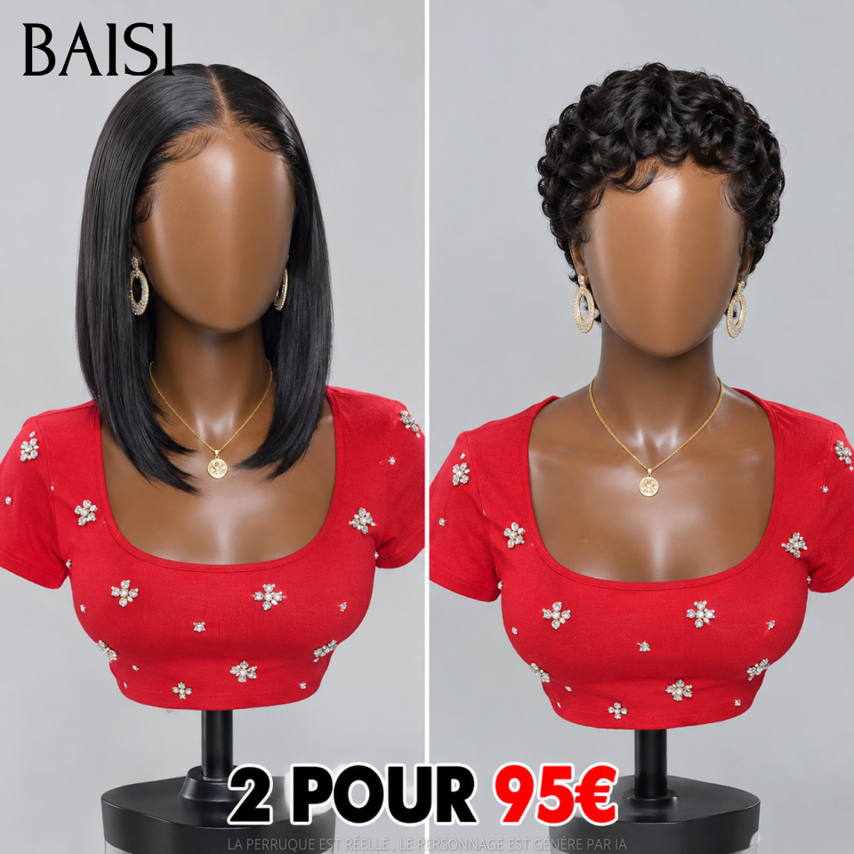 BAISI Lot de 2 perruques 95€ Moitié Prix 4X4 lisse NOIR 10 Pouces et pixie sans Colle finger wave en 100% vrais cheveux humains MP50