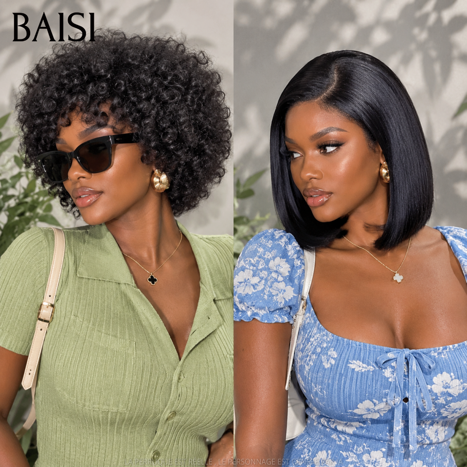BAISI Perruques PROMO Offre spéciale Lisse BOB 10 Pouces lace closure ou pixie curly wave avec Frange en 100% vrais cheveux humains