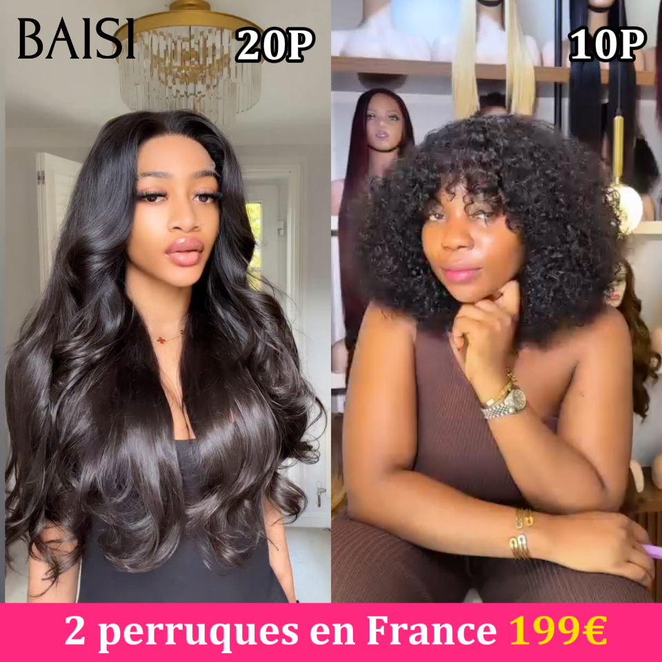 BAISI Lot 2 Perruques PROMO en France Ondulée 20P + Curly Avec Frange 10P 199€ Couleur Noir Pratique Au Quotidien en 100% Cheveux Humains Reçu 48H TVA 0€