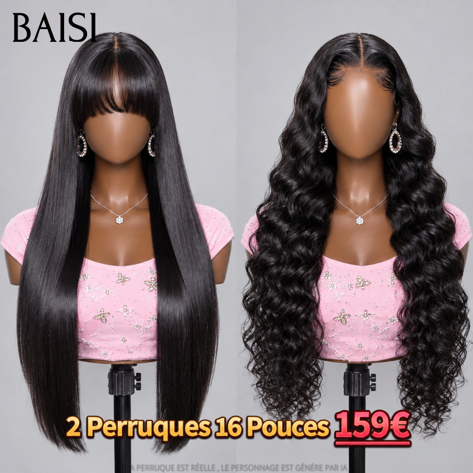 BAISI 2 Perruques 16 Pouces 159€ 13X4 lace curly wave et sans Colle Lisse avec Frange Moitié Prix Réduction avec code promo en 100% vrais cheveux humains