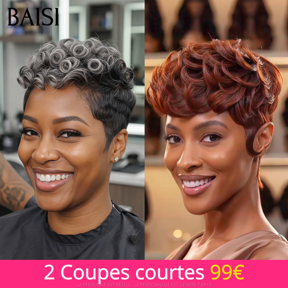 BAISI Lot de 2 Perruques Pixie Bouclée Gris et Orange 99€ Sans Colle Sans Lace Pose Facile Coupe A la Mode Pour l'Eté en 100% Cheveux humains