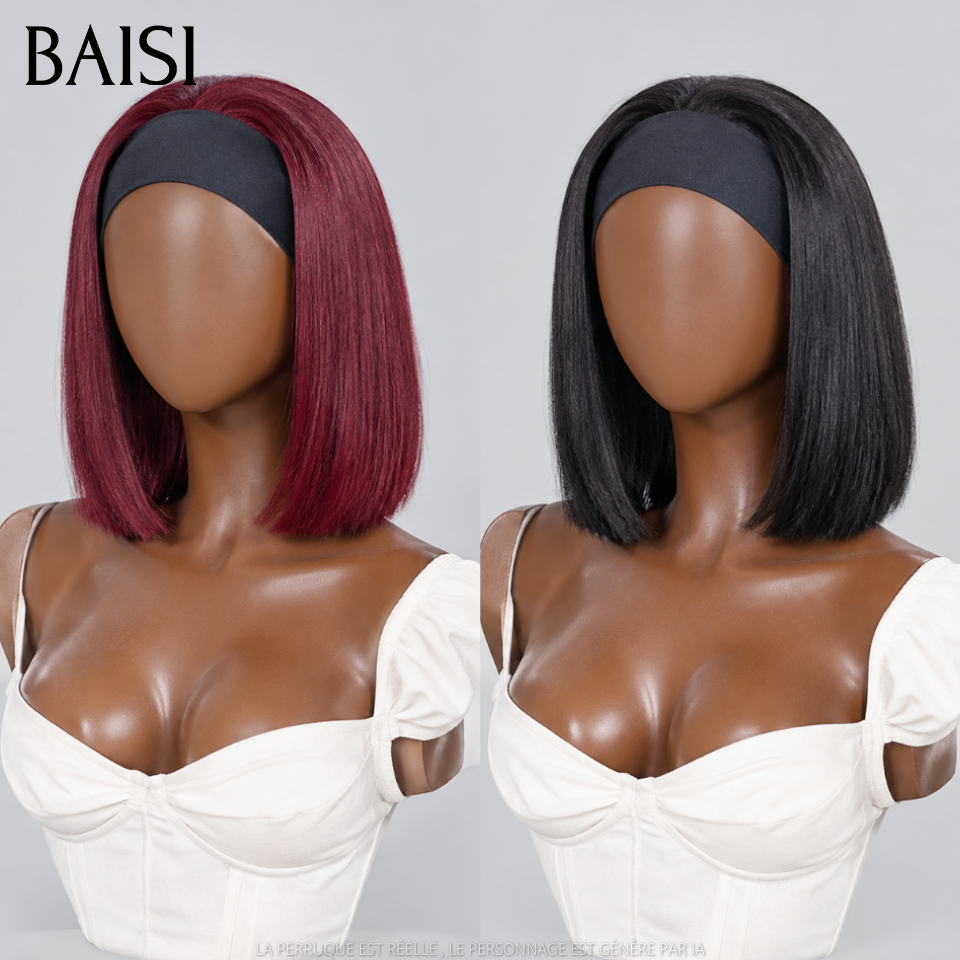 BAISI Lot de 2 Perruque Bob bandeaux Lisse 8Pouces 120€ 100% Vietnam Hair Couleur Rouge Bordeaux 99J# et Noir 1B# Sans Colle Prix Promotion  en 100% Cheveux humains