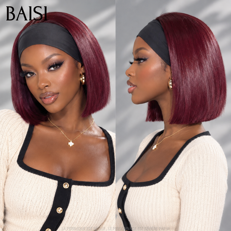 BAISI Lot de 2 Perruque Bob bandeaux Lisse 8Pouces 120€ 100% Vietnam Hair Couleur Rouge Bordeaux 99J# et Noir 1B# Sans Colle Prix Promotion  en 100% Cheveux humains