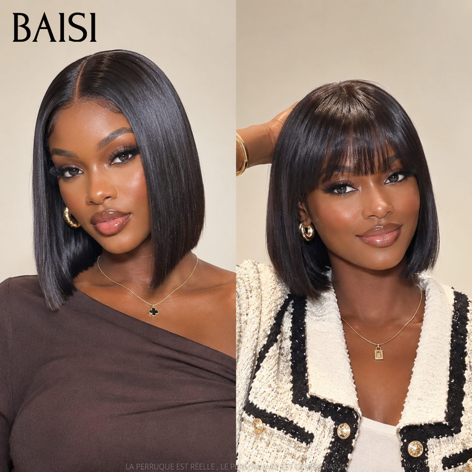 BAISI BLACK FRIDAY Offre limitée lace closure 4x4 Perruque 10 Pouces Lisse 1BT4# ou Lisse avec Frange 8 Pouces NOIR en 100% Cheveux Humains