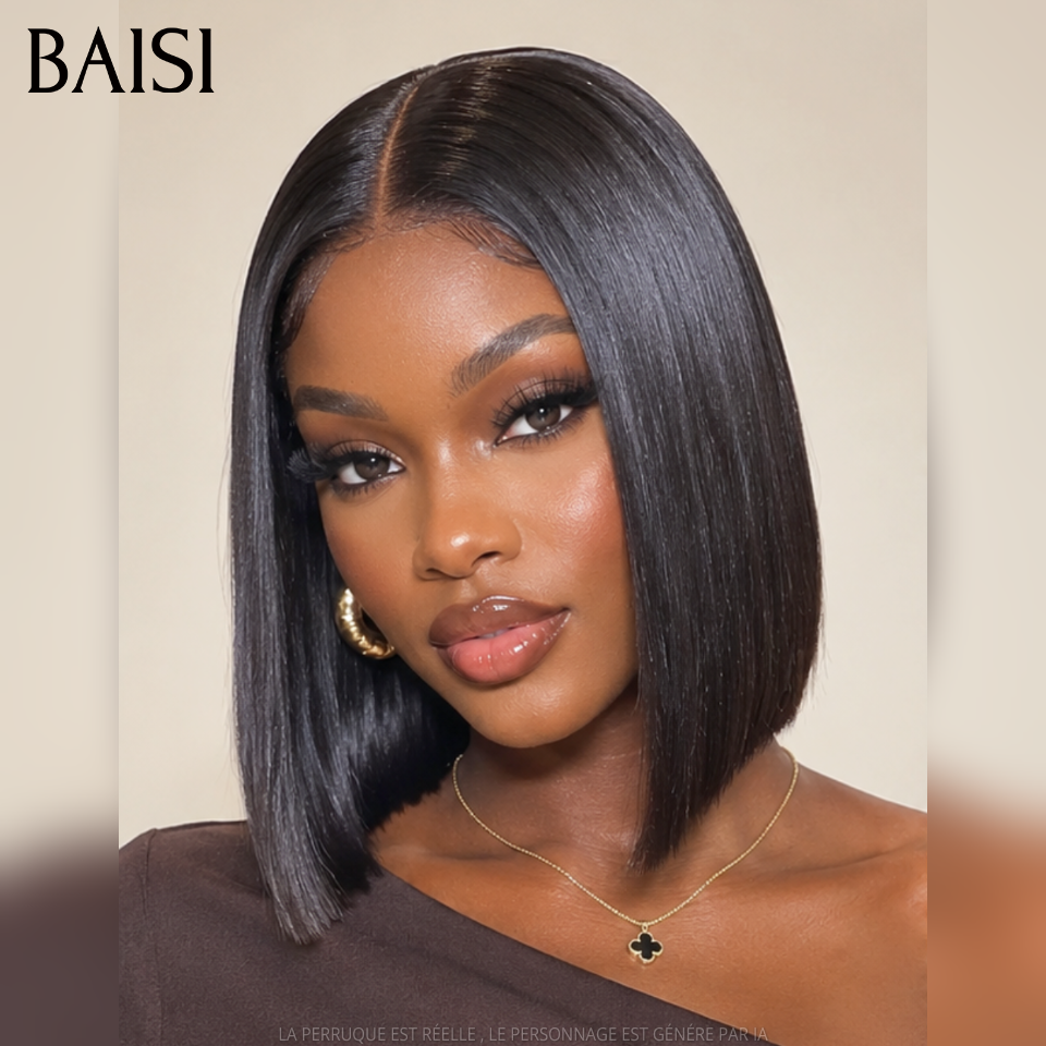 BAISI BLACK FRIDAY Offre limitée lace closure 4x4 Perruque 10 Pouces Lisse 1BT4# ou Lisse avec Frange 8 Pouces NOIR en 100% Cheveux Humains