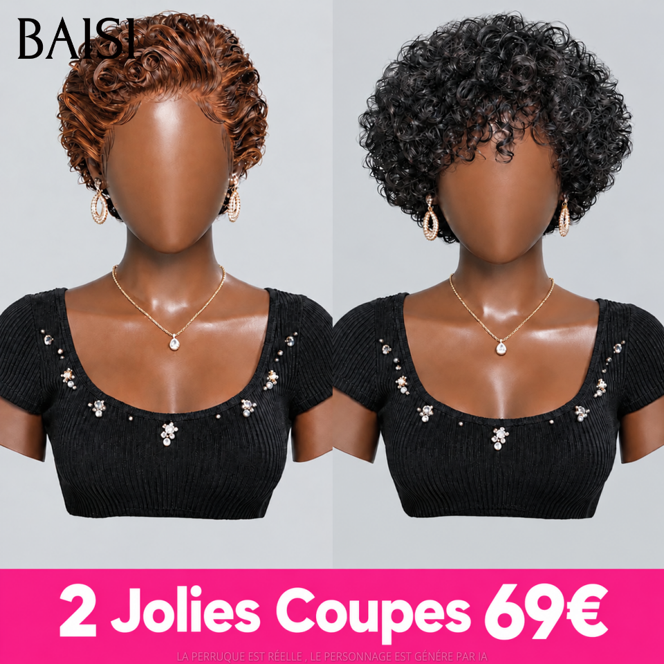 BAISI PROMOTION 69€ 2 perruques pixie 13X4 lace frontal Marron et sans Colle NOIR Moitié Prix 100% vrais cheveux humains