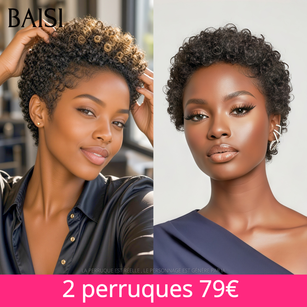 BAISI Lot de 2 Perruques Pixie Curly Noir et Miel Noir  79€ Sans Colle Sans Lace Simple et Confortable  en 100% Cheveux humains