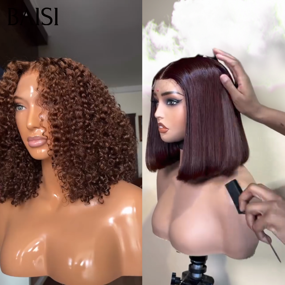 BAISI Lot de 2 perruques 100% Vietnam Hair 12pouces 200€ Bob 2x6 Lace Lisse vietnam hair + 4x4 Closure Curly Vietnam Hair en couleur Marron 4# En 100% Cheveux Humains  Excellente Qualité