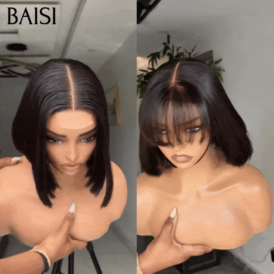 BAISI Lot de 2 Perruques bob Lisse Noir 10 pouces 139€ Seulement Avec et Sans Frange 100% Vietnam Hair de Qualtié  en 100% vrais cheveux humains
