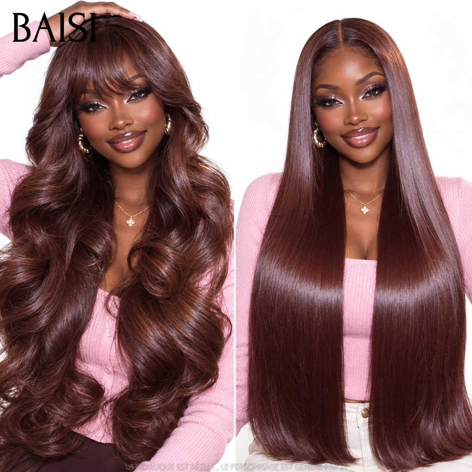 BAISI perruques 160€ 13X4 lace frontal body wave avec frange ou lisse marron 24 pouces en 100% Cheveux Humains BS65