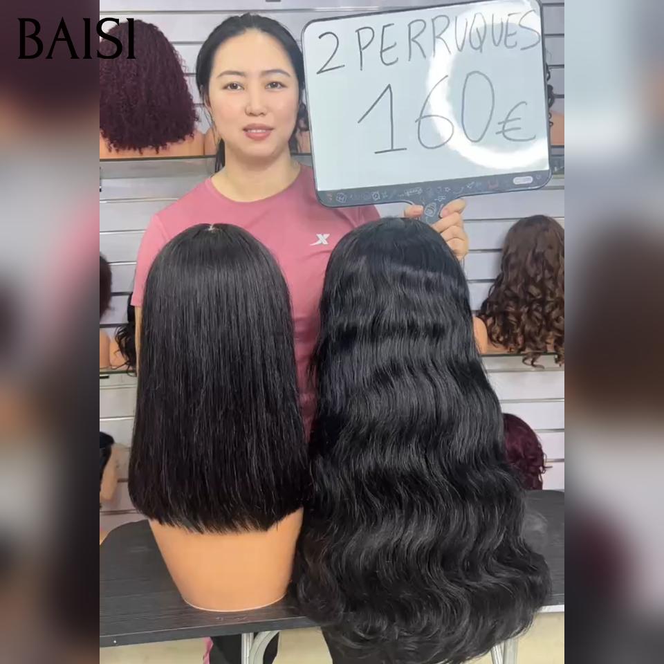 BAIS Lot de 2 Perruques 160€ 2x6 Lace Bob  Lisse  12Pouces Vietnam Hair SDD Bone Straight Noir + 13x4 Lace Perruque Longue Body Wave 20Pouces Noir Très Bon Choix Pour Petit Business en 100% Cheveux humains