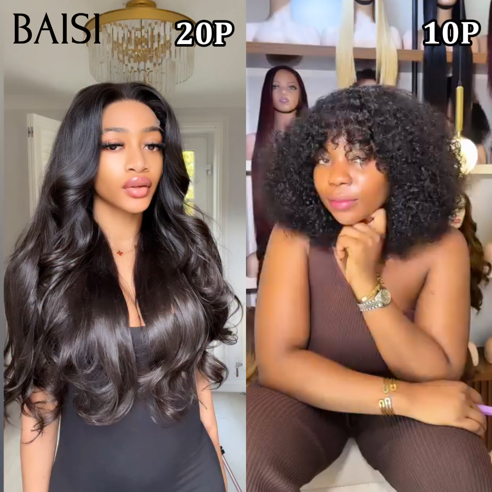 BAISI Lot 2 Perruques PROMO en France Ondulée 20P + Curly Avec Frange 10P 199€ Couleur Noir Pratique Au Quotidien en 100% Cheveux Humains Reçu 48H TVA 0€