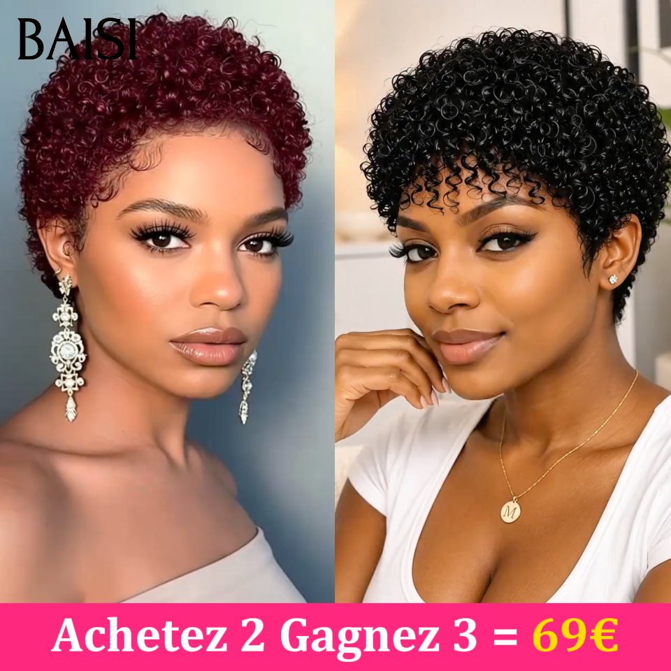 BAISI Lot de Perruque Achetez 2 Gagnez 3 = 69€ Ou  4 perruques 89€ pixie Lisse et finger wave Mixte Miel Fabriqué à la Machine Facile à porter en 100% Cheveux Humains