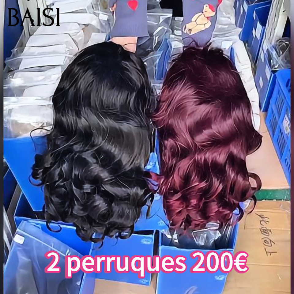 BAISI PROMO Offre spéciale 2 perruques 200€ 13x4 lace frontal Body wave en couleur NOIR et Bordeaux 18 Pouces en 100% vrais cheveux humains