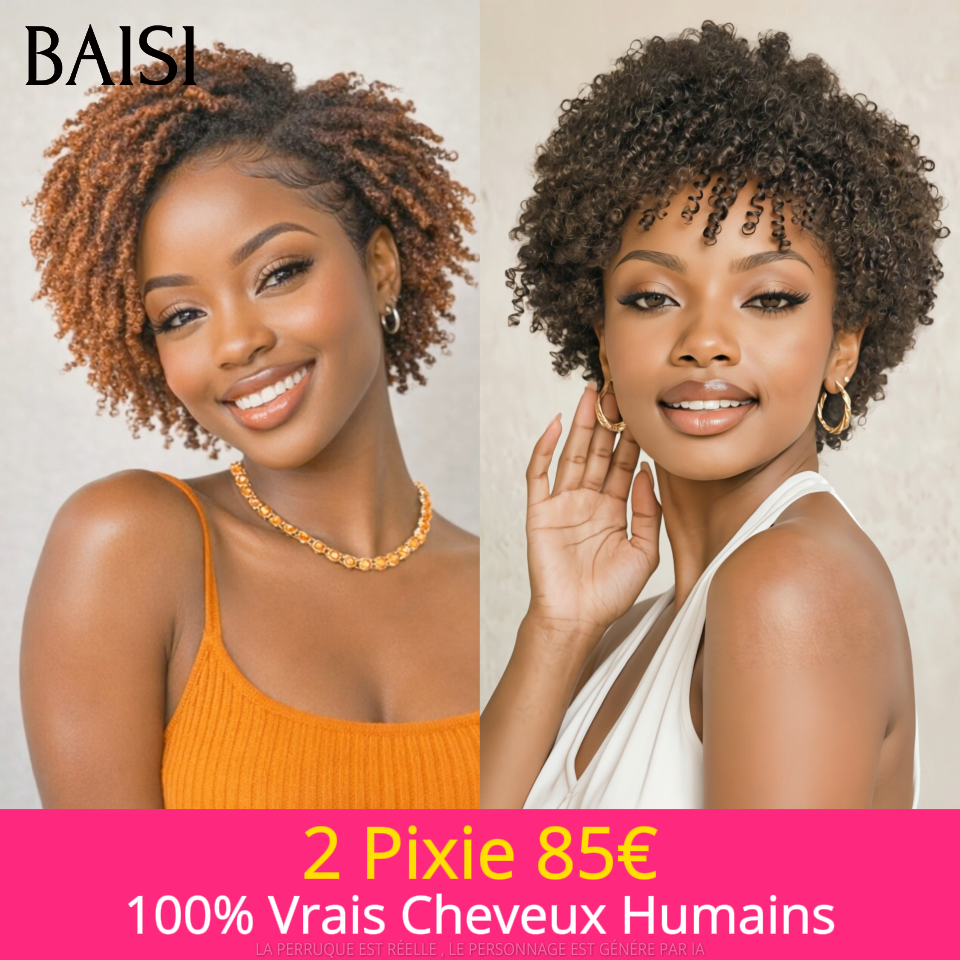 BAISI 2 pixie perruques afro curly 85€ ou Lot de 3 perruques 278€ ou 2 perruques 150€ en 100% vrais cheveux humains MP50