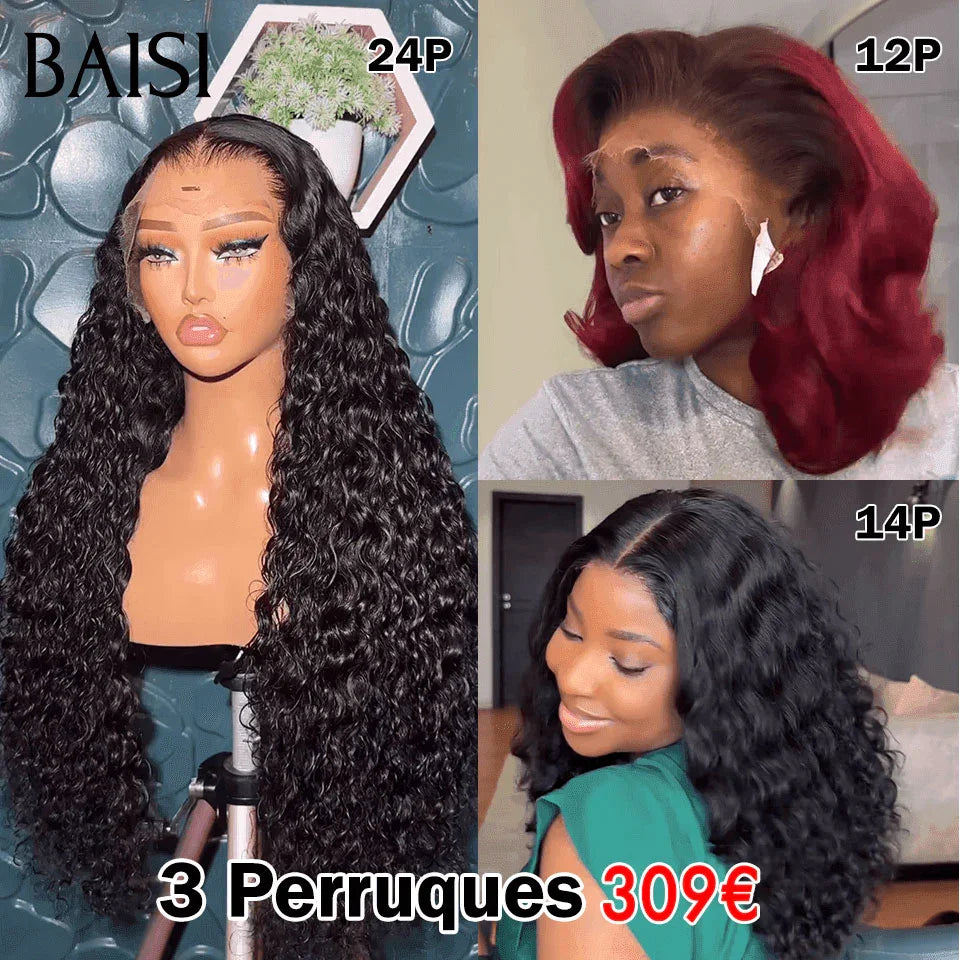 BAISI HAIR FR 3 Perruques 13X4 lace deep wave 24 Pouces et 4X4 lace egg wave 12 pouce 99J# Bordeaux et 4X4 lace water wave 14 pouces En 100% Cheveux Humains