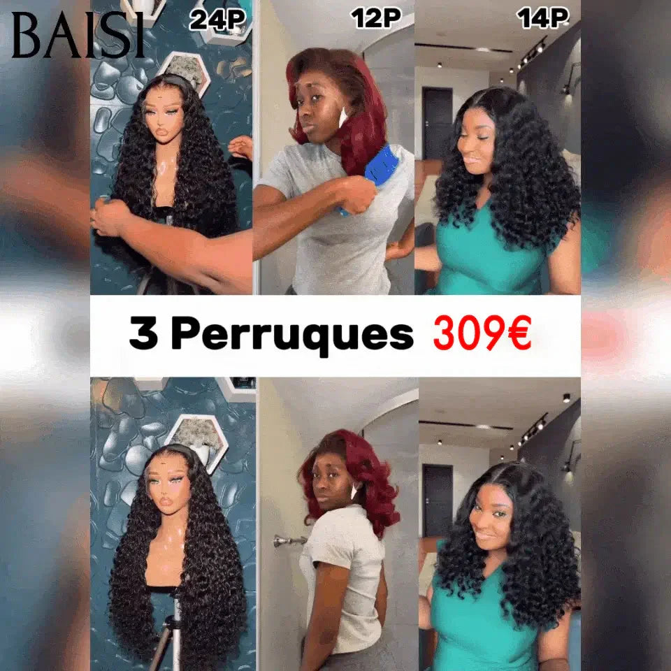 BAISI HAIR FR 3 Perruques 13X4 lace deep wave 24 Pouces et 4X4 lace egg wave 12 pouce 99J# Bordeaux et 4X4 lace water wave 14 pouces En 100% Cheveux Humains