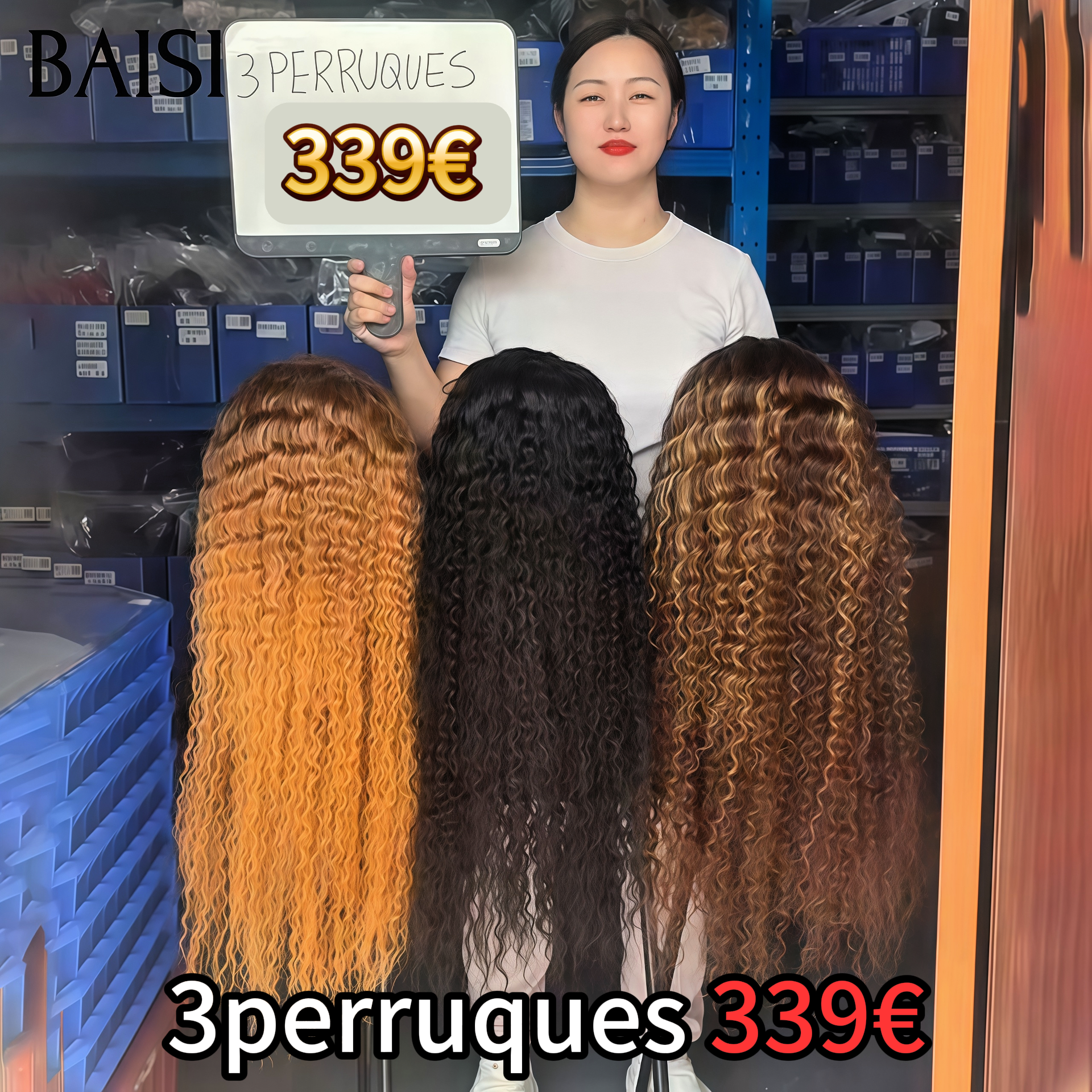 BAISI Promotion Black Friday 339€ pour 3 pièces perruques 13x4 lace frontal curly wave 24 Pouces en 3 couleurs en 100% Cheveux Humains