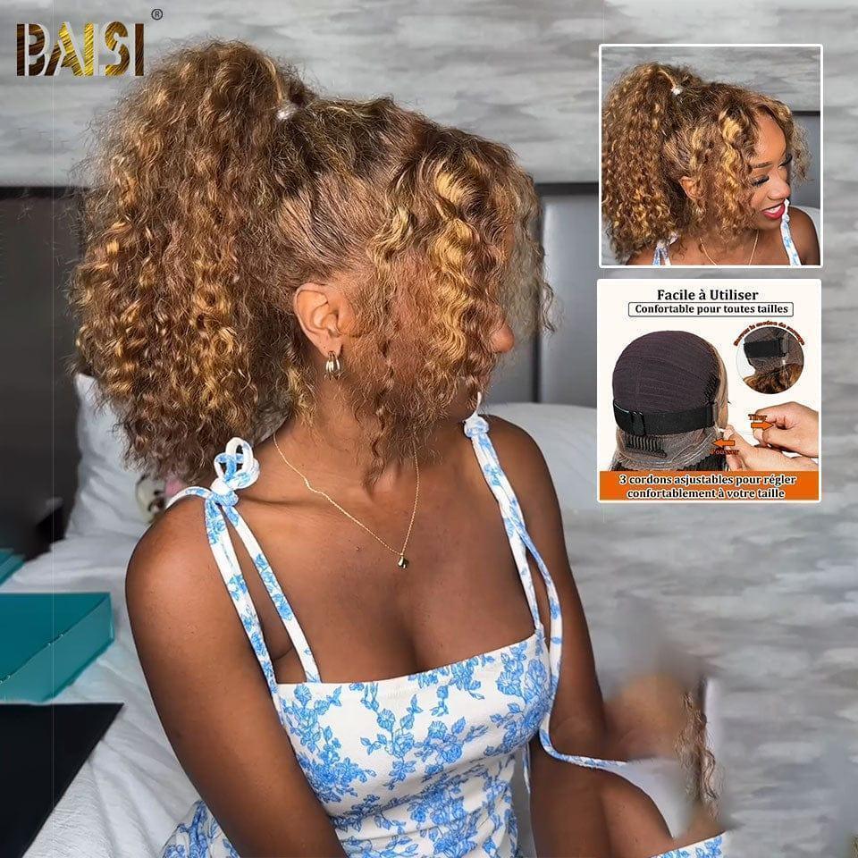 Parrucca BAISI Upgrade Cinturino invisibile 360 ​​Onda riccia frontale in colore marrone miele mix 4#27# Pizzo frontale invisibile e regolabile a 360 gradi Pre-pizzicato Non necessita di colla Densità del 250% in pizzo 100% capelli grezzi già tagliato