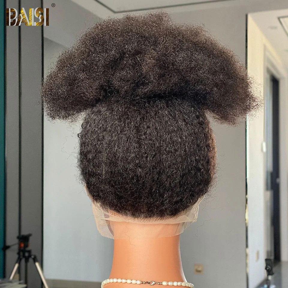 BAISI 360 Lace Wig 18 Inch BLACK Kinky Straight Real Human Hair Chignon Hairstyle