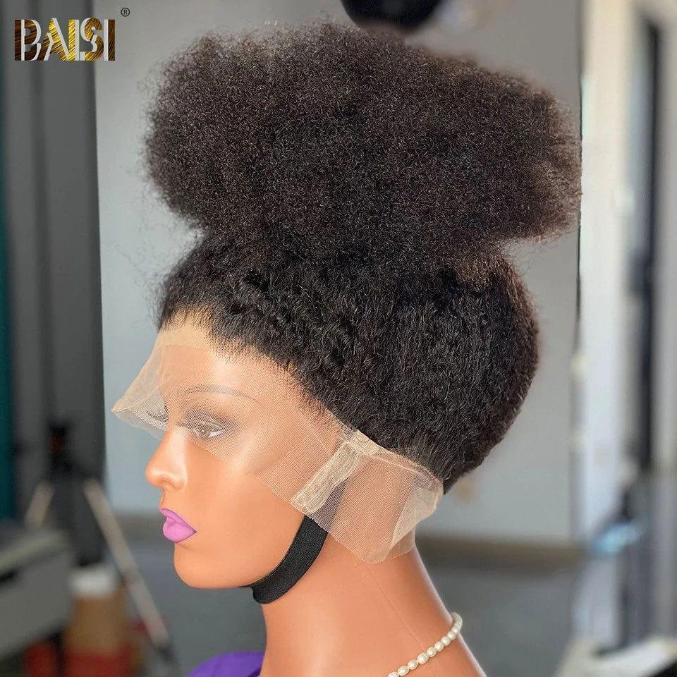 BAISI 360 Lace Wig 18 Inch BLACK Kinky Straight Real Human Hair Chignon Hairstyle