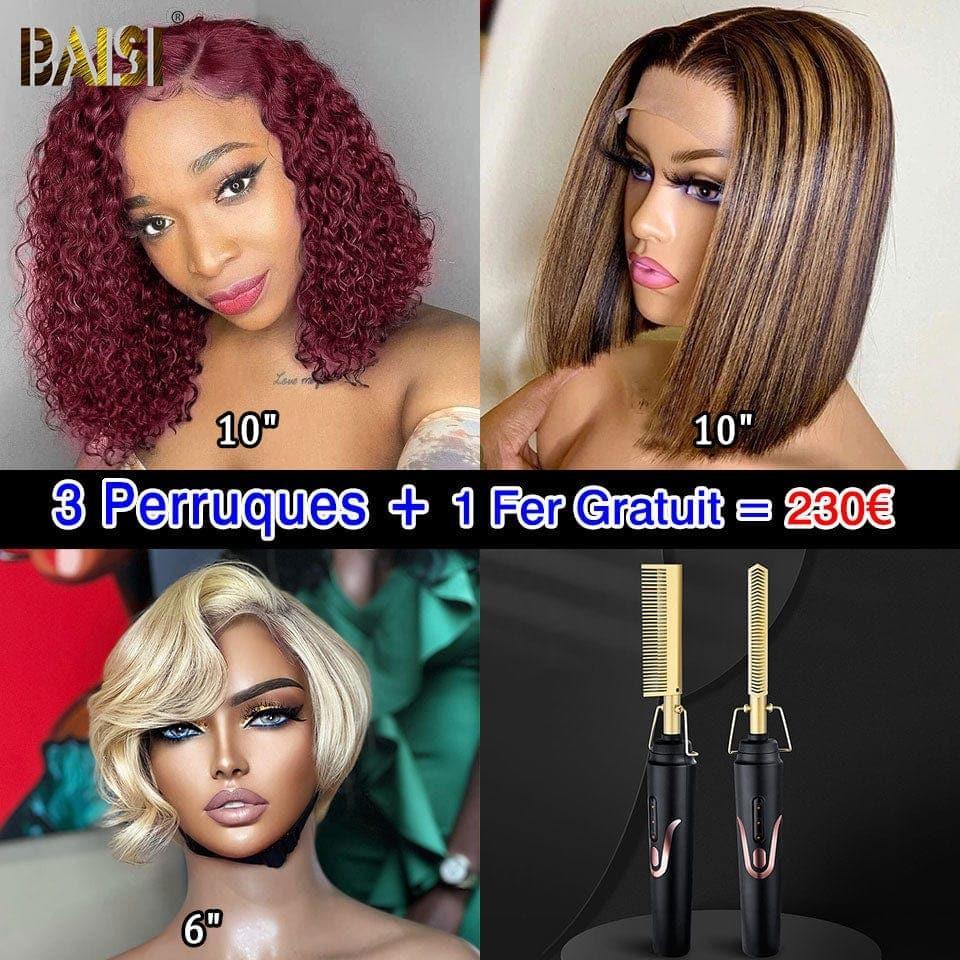 BAISI Lot De 3 Perruques + 1 Fer gratuit 230 Euro En 100% Cheveux Humains VIP100