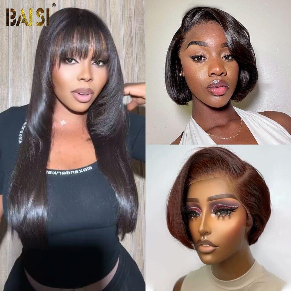 BAISI Perruques Lisse avec Frange Fabriquées par les cheveux double drawn avec la raie naturel au mileux