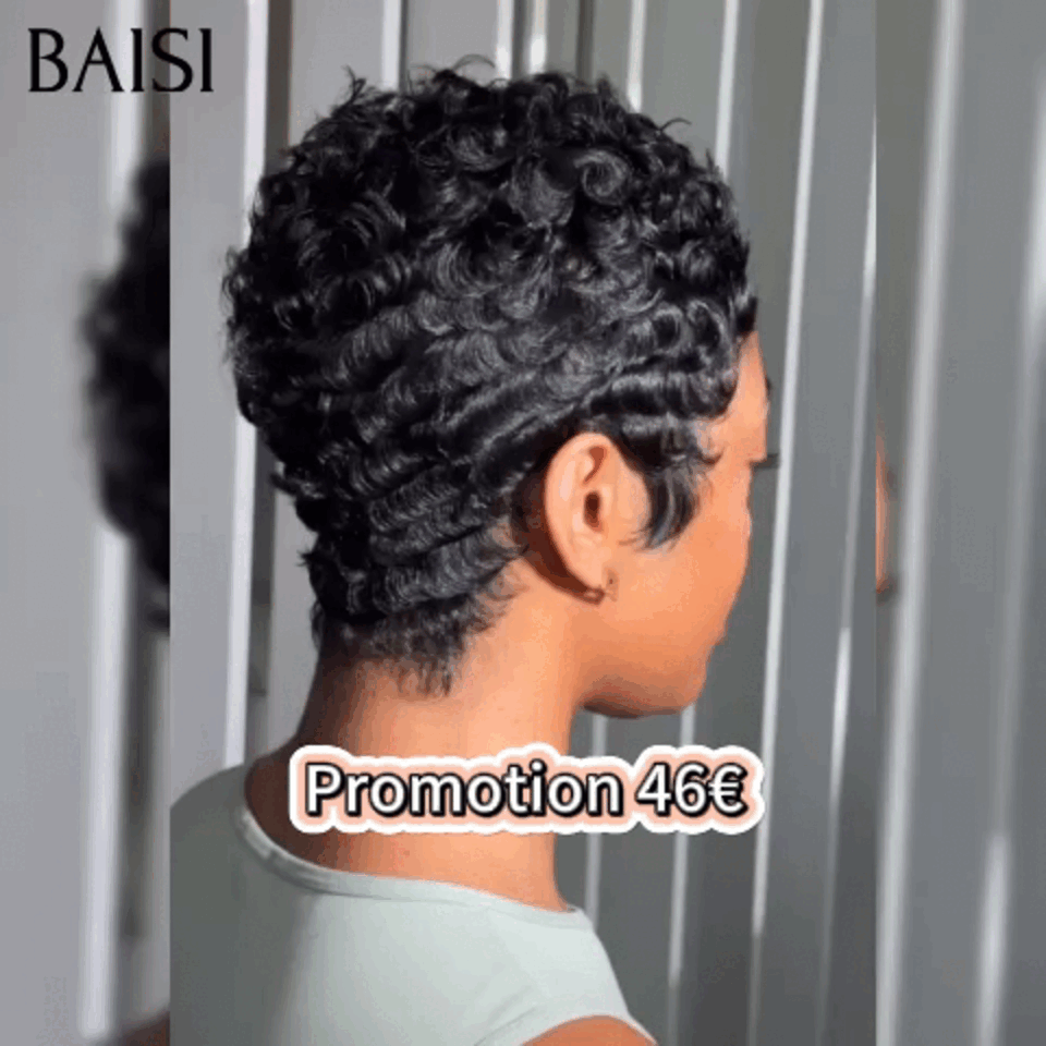 BAISI Perruque Pixie wave NOIR 46€ en France moitié prix sans colle sans lace  100% Cheveux Humains Fabriqué à la Machine MP50
