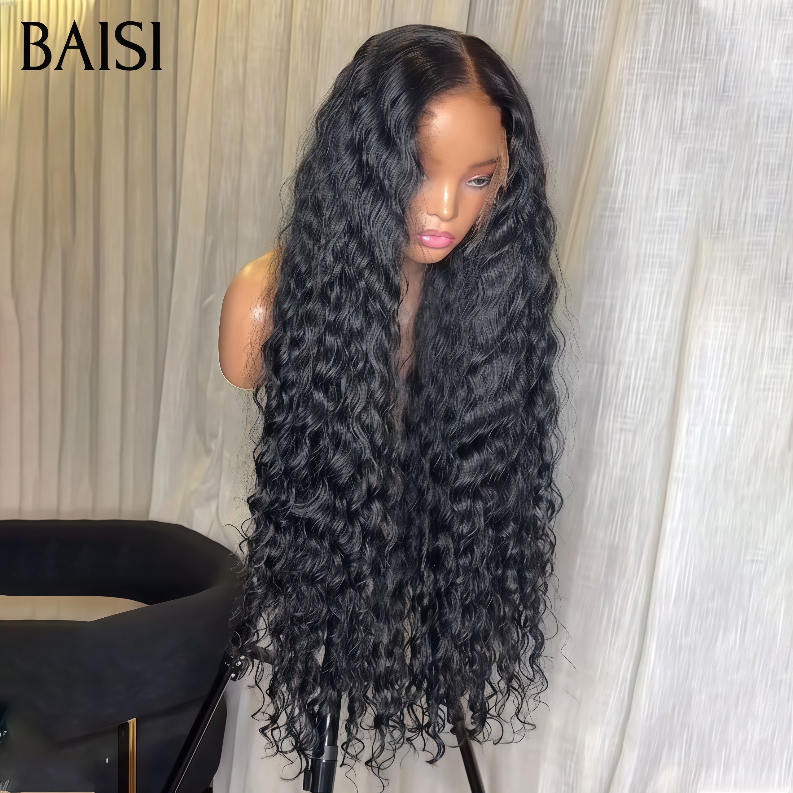 BAISI 13X4 HD lace frontal 100% Raw Hair Perruque Longue Promo 99€ Water wave en NOIR Invisible et respirante Sans Colle en 100% vrais cheveux humains