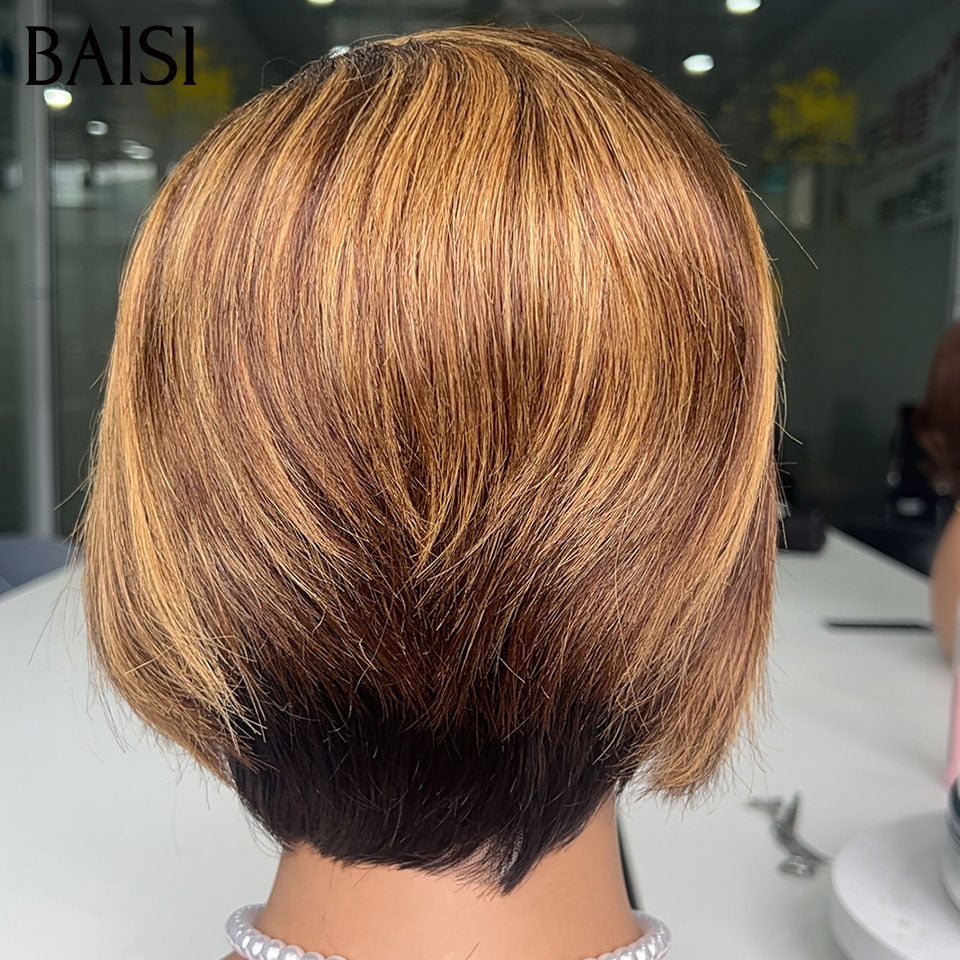 BAISI Perruque 13x4 Lace Frontal Pixie Lisse Marron Miel 59€ Seulement Perruque Spéciale pour les Vacances en 100% Cheveux Humains