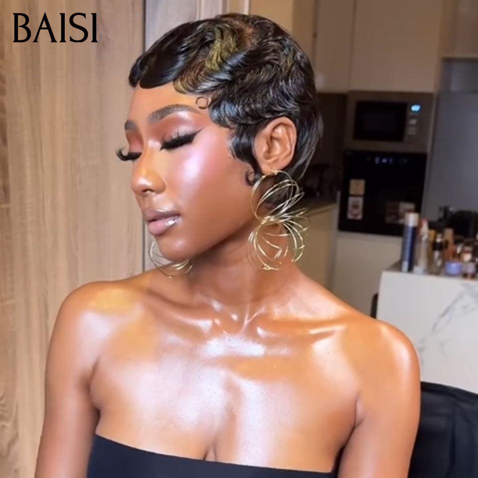 BAISI 13X4 lace Perruque Pixie finger wave en Couleur NOIR 65€ En 100% Cheveux Humains