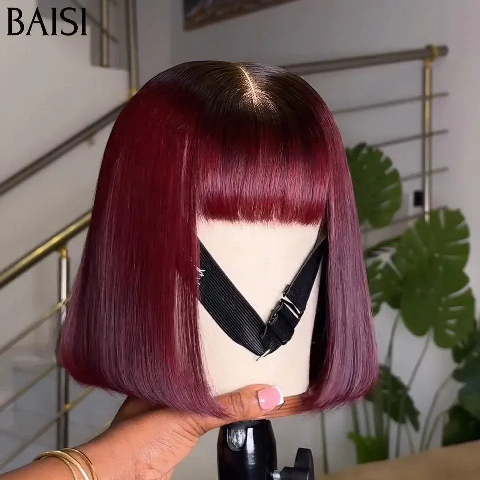 BAISI Straight Bob With Bangs Luxury Wigs 100% Vietnam Hair SDD BONE STRAIGHT Burgundy Color #1B#99J 300% A1 density Made by double drawn hair 15A no lace no glue